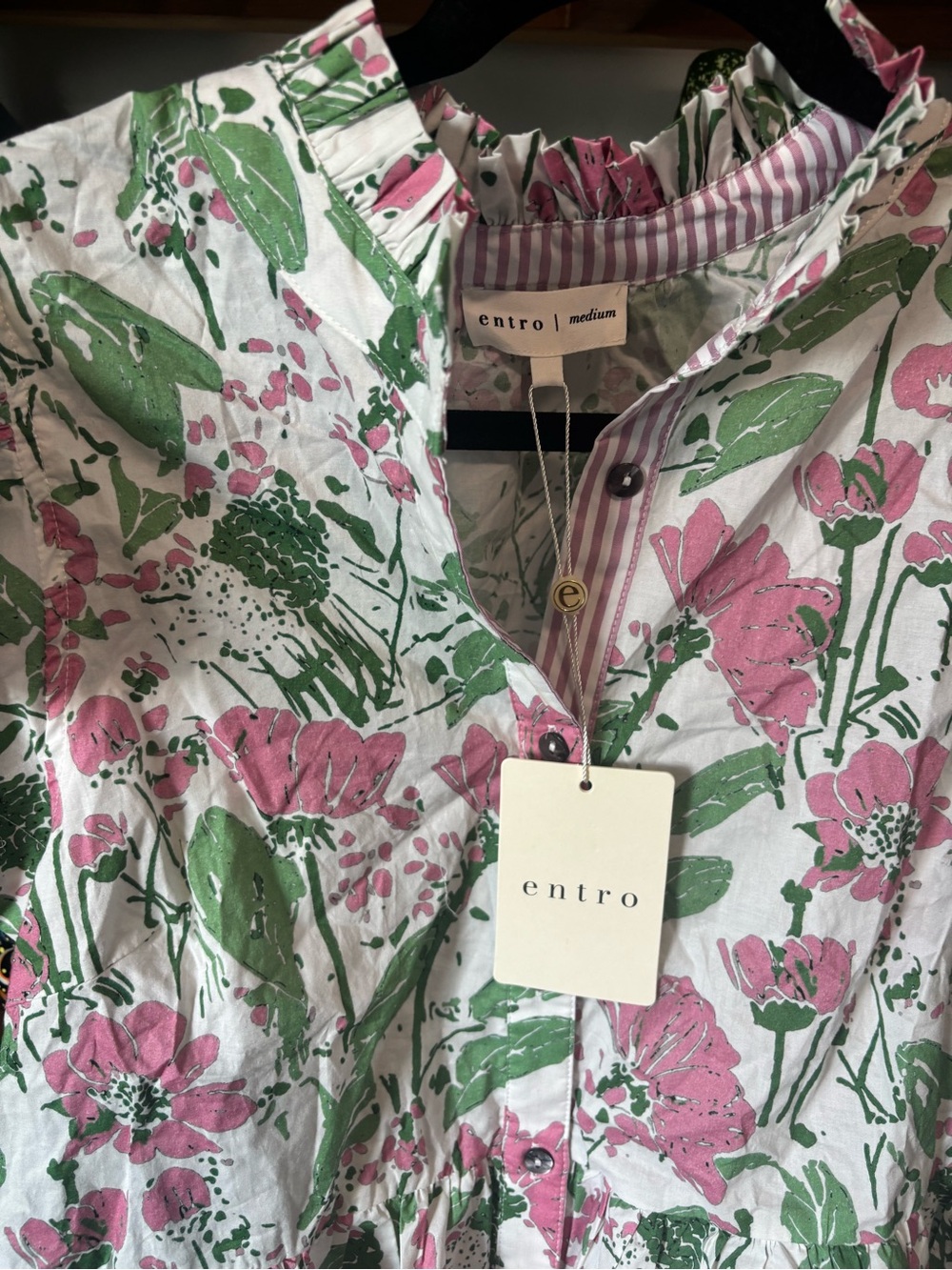 Entro White Floral Print Ruffle Trim Cotton Top | Medium - Picture 6 of 8